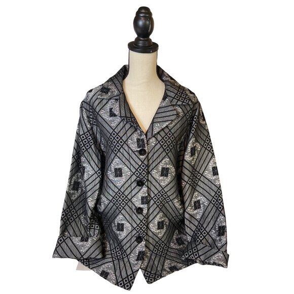 Sag Harbor Womens Button-Up Blazer Size 12 Geometric Long Sleeve Black Silver - Picture 1 of 8